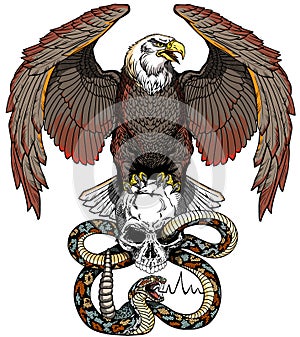 Eagle, snake and human skull. Design template