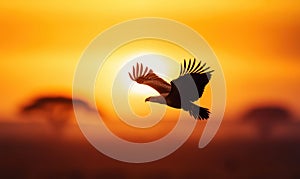 Eagle Soaring in Golden Sunset Sky