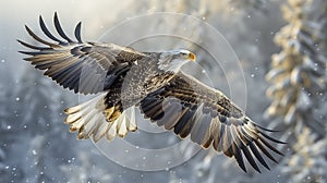 Eagle Soaring Majestically Against A Snowy Forest Backdrop