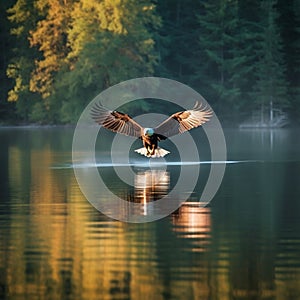 Eagle soaring over a serene lake nature photography. Generative AI