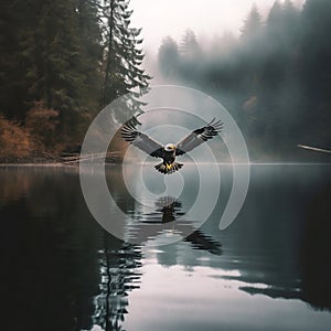 Eagle soaring over a serene lake nature photography. Generative AI