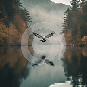 Eagle soaring over a serene lake nature photography. Generative AI