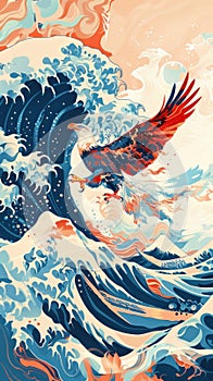 An eagle soars above 3D crypto waves, embodying freedom and risk in the pursuit of vacation and business