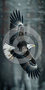 Eagle soars with wings spread wide against a snowy backdrop, epitomizing grace and strength in a serene winter landscape