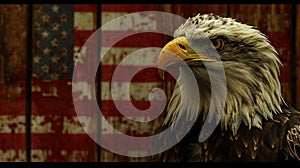 an eagle is standing next to the american flag