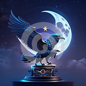 Eagle statue with crescent moon and stars in the night sky AI generated