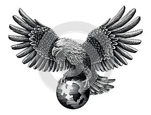 The eagle stepped on the globe hand draw vintage engraving style black and white clip art