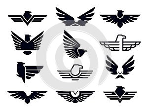 Eagle symbol. Silhouette flying eagles emblem, winged badge and freedom hawk wings stencil vector icons bundle