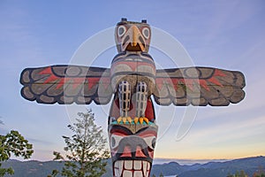 Eagle totem pole at the summit of the Malahat mountain in Vancouver Island