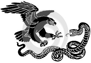 Eagle versus a snake. Silhouette