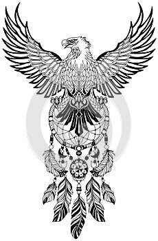 Eagle with wings spread holding a dreamcatcher. Tattoo black and white