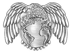 Eagle World Globe Map Earth Global Planet Woodcut