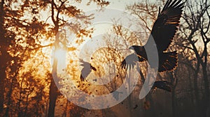 Eagles flying in a forest at dawn