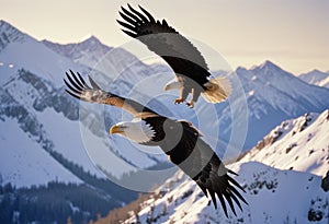 Eagles\' Twilight Flight: Realistic Digital Painting of an Eagle Soaring Over Rugged Mountains at Dusk photo