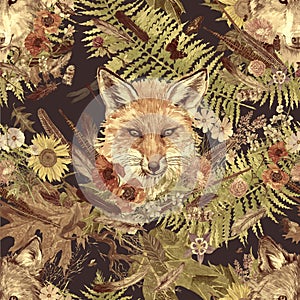 Eamless watercolor pattern with fox and wolf heads