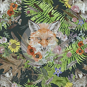 Eamless watercolor pattern with fox and wolf heads