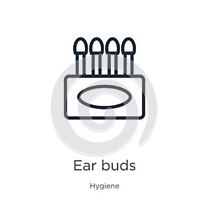 Ear buds icon. Thin linear ear buds outline icon isolated on white background from hygiene collection. Line vector ear buds sign,