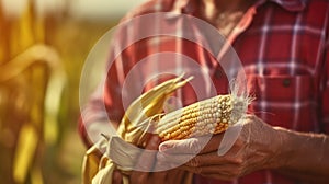 An ear of corn in the farmers hands. Locally grown corn on the cob. Concept of natural food from the local farms. Agricultural