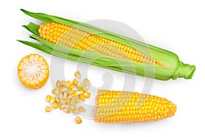 Ear of corn isolated on a white background. Clipping path. Top view. Flat lay