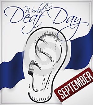 Ear Draw, Ribbons and Calendar to Celebrate World Deaf Day, Vector Illustration