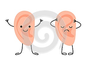 Ear happy healthy and sad sick characters. Check hearing organ for kids. Check health of ear. Earache, otitis, tinnitus