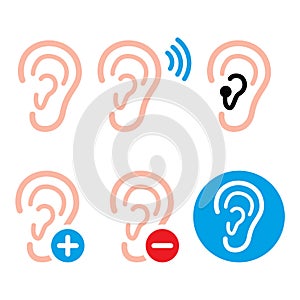 Ear hearing aid, deaf person - health problem icons set