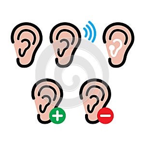 Ear hearing aid, deaf person - health problem icons set