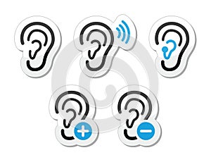 Ear hearing aid deaf problem icons set as labels