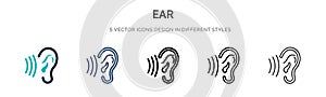 Ear icon in filled, thin line, outline and stroke style. Vector illustration of two colored and black ear vector icons designs can