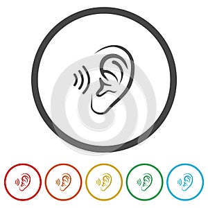 Ear icon, hearing icon. Set icons in color circle buttons