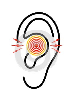 Ear icon with pain. Otitis from infection. Earache with tinnitus. Ache in middle ear with deaf. symbol of otorhinolaryngology.