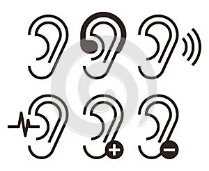 Ear icons. Hearing problem icons set photo