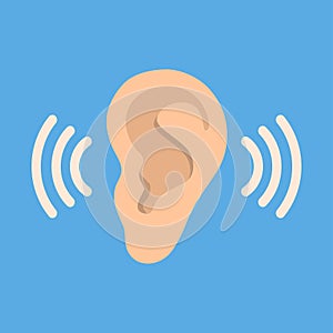 Ear listen vector icon on blue background. Ear vector icon. Listening vector icon.