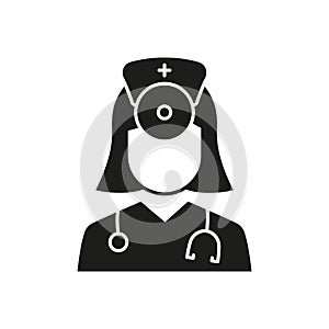 Ear, Nose, Throat Doctor Silhouette Icon. Otolaryngology Medic Staff with Stethoscope, Mirror Black Icon