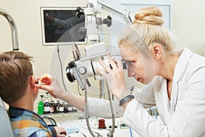 Ear, nose, throat examining. ENT doctor with a child patient and endoscope