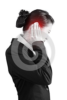 ear pain symptom in a businesswoman isolated on white background.