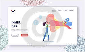 Ear Pain, Tinnitus Disease Treatment Landing Page Template. Tiny Doctor Audiologist with Instrument Check Huge Sick Ear
