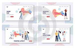 Ear Pain, Tinnitus, Otitis, Landing Page Template Set. Tiny Characters Doctors and Patients at Huge Human Ear Anatomy