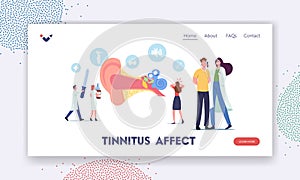 Ear Pain, Tinnitus, Otitis, Landing Page Template. Tiny Characters Doctors and Patients at Huge Human Ear Anatomy