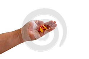 Ear plugs hearing protection in men& x27;s hand on white background,safety concept