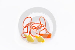 Ear plugs hearing protection on white background,safety concept