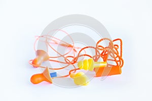 Ear plugs hearing protection on white background,safety concept