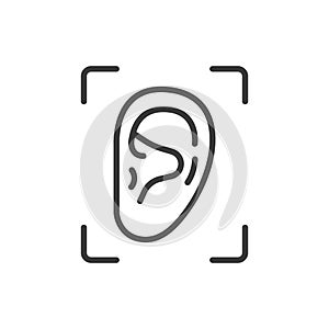 Ear recognition, icon in line design. Ear, recognition, biometric, scan, audio, identification, technology on white