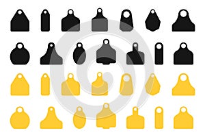 Ear tags for cattle. Set of blank black and yellow identification labels for farm animals. Collection of earmark mockups photo