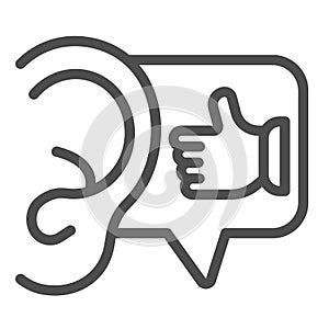 Ear with thumb up finger, hearing cool compliment line icon, date concept, flatter vector sign on white background