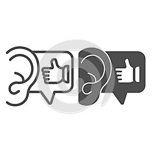 Ear with thumb up finger, hearing cool compliment line and solid icon, date concept, flatter vector sign on white
