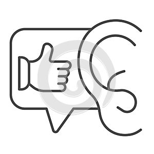 Ear with thumb up finger, hearing cool compliment thin line icon, date concept, flatter vector sign on white background