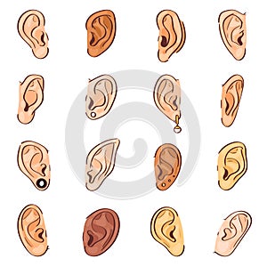 Ear vector human eardrum ear rope hearing sounds or deafness and listening body part illustration sensory set female