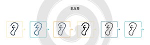 Ear vector icon in 6 different modern styles. Black, two colored ear icons designed in filled, outline, line and stroke style.