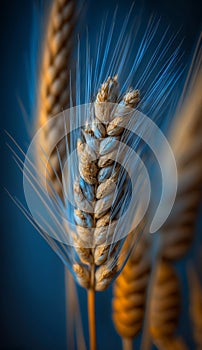 An ear of wheat close-up on a blue background.